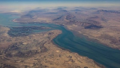 An aerial view of Iran’s coastline and Qeshm Island in the Strait of Hormuz, whose closure and the subsequent impact on global oil markets have become a central talking point in the ongoing US-Israeli war against Iran. (Reuters file)

