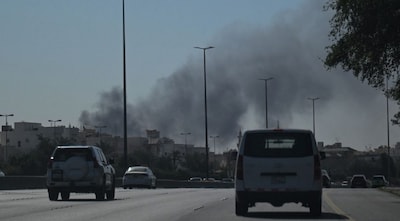 Black smoke was seen rising from the US embassy in Kuwait City on March 2 after the latest volley of Iranian strikes. Image Credit: AFP
