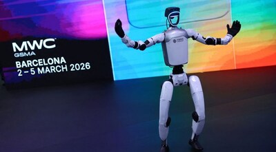 A picture taken on March 2, 2026 in Barcelona shows a China Mobile's robot dancing at the Mobile World Congress (MWC), the world's biggest mobile technology showcase and fair. Image Credit: AFP