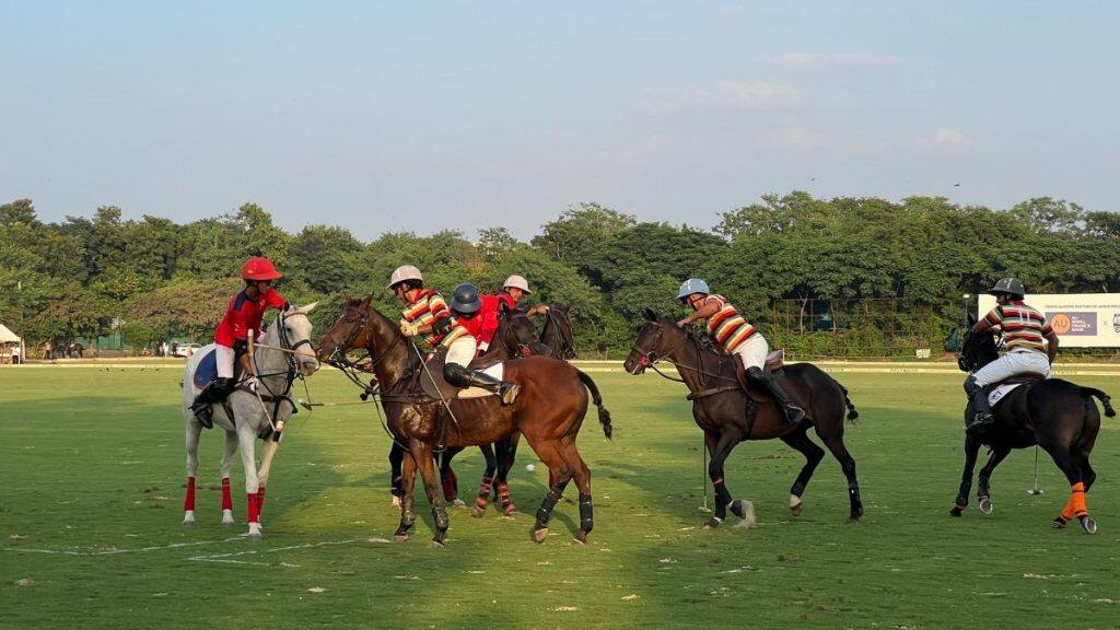 Savir Mehraj Godara (left in red), playing for Mayfair, can be seen during the final of the General Amar Singh Kanota Cup at the polo ground in Rajasthan Polo Club in Jaipur on September 28, 2025