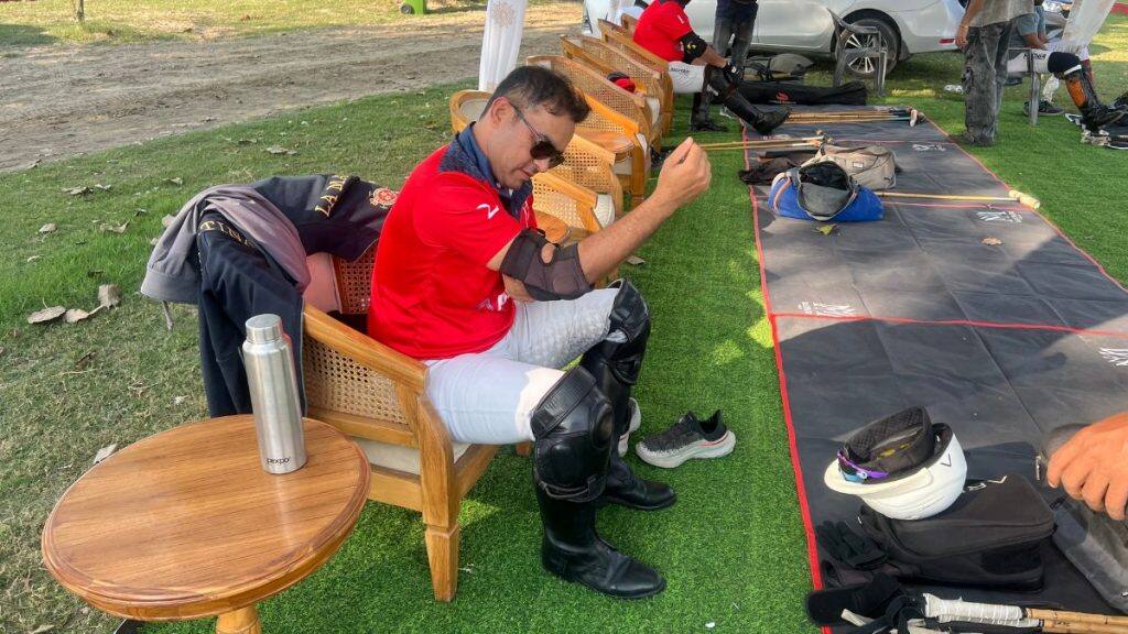Akshai Malik, playing for Mayfair, can be seen prepping for a match of the Jindal Polo Estate cup at the Jindal Polo Estate in Noida on February 25, 2026. Anmol Singla/Firstpost