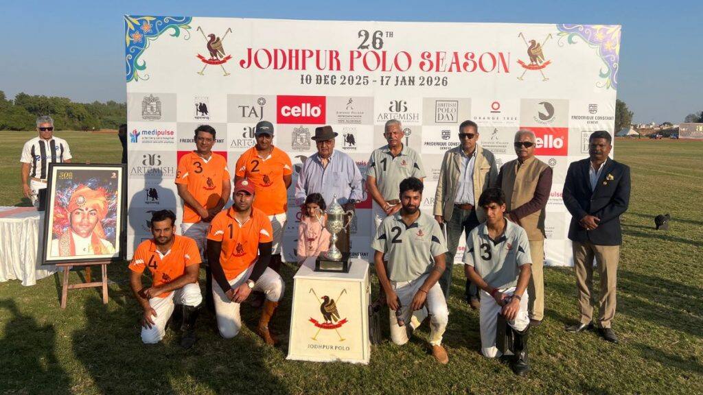 Atharv Singh Chauhan (extreme right, below), poses with HH Maharaja Gaj Singh II (centre) and the polo teams after playing the Maharaja Sardar Singh Cup at the Maharaja Gaj Singh Sports Foundation Polo Ground in Jodhpur, Rajasthan on December 29, 2025. Anmol Singla/Firstpost