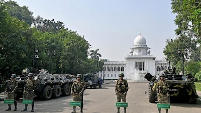 Bangladesh Army personnel stand guard at the premises of the International Crimes Tribunal in Dhaka. File image: AFP

