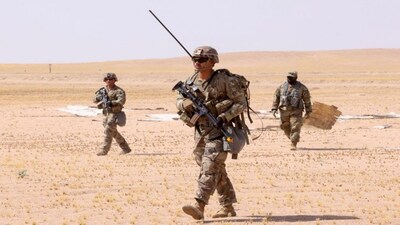 US military personnel at the Buehring base camp in Udairi, in the northwestern region of Kuwait. Iranian strikes on US bases across West Asia have forced them into hotels and office spaces. File image/AFP