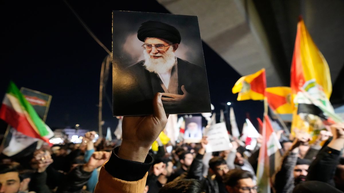 A portrait of Iran's Supreme Leader Ayatollah Ali Khamenei is held up during a protest against US and Israeli attacks on multiple cities across Iran at a bridge leading to the fortified Green Zone where the US embassy is located in Baghdad, Iraq. AP A portrait of Iran's Supreme Leader Ayatollah Ali Khamenei is held up during a protest against US and Israeli attacks on multiple cities across Iran at a bridge leading to the fortified Green Zone where the US embassy is located in Baghdad, Iraq. AP