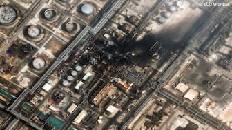 This satellite image provided by Vantor shows damage after a drone attack at Ras Tanura oil refinery, in Saudi Arabia,. AP