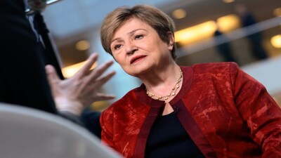 IMF Managing Director Kristalina Georgieva speaks during a television interview during the 2026 IMF and World Bank Group Spring Meetings in Washington, DC, on April 15, 2026. AFP