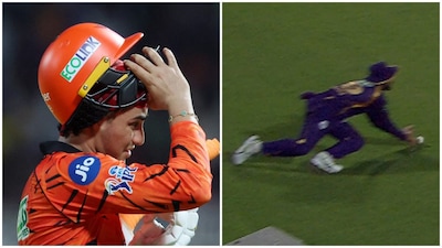 Abhishek Sharma was denied a half-century after getting caught by Varun Chakravarthy off Blessing Muzarabani's bowling during the KKR-SRH match at Kolkata's Eden Gardens. Image credit: Reuters/JioHotstar screengrab