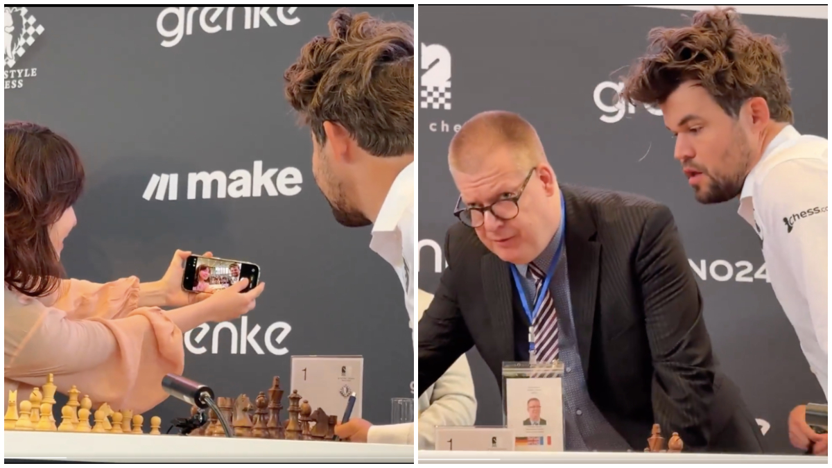 Magnus Carlsen had immediately contacted an arbiter after obliging to Kazakhstani WGM Alua Nurman's request for a selfie on Day 2 of the 2026 Grenke Chess Festival Freestyle Open: Image credit: Screengrab of video posted by @ChessbaseIndia on X Magnus Carlsen had immediately contacted an arbiter after obliging to Kazakhstani WGM Alua Nurman's request for a selfie on Day 2 of the 2026 Grenke Chess Festival Freestyle Open: Image credit: Screengrab of video posted by @ChessbaseIndia on X