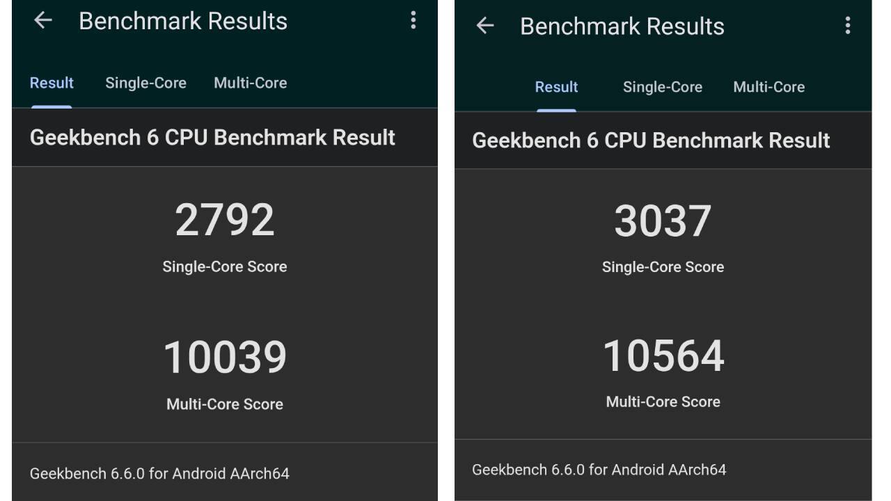 Samsung Galaxy S26 (left) and Galaxy S26+ (right) Geekbench results
