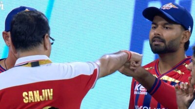 Lucknow Super Giants captain Sanjiv Goenka is seen having an animated conversation with captain Rishabh Pant after the six-wicket defeat at the hands of Delhi Capitals in Lucknow on Wednesday, 2 April. Image credit: Screenrgab/JioHotstar