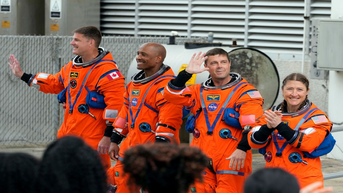 Astronauts , from left, Mission Specialist Jeremy Hansen, of Canada, Pilot Victor Glover, Commander Reid Wiseman and Mission Specialist Christina Koch leave the Operations and Checkout Building for a trip to Launch Pad 39-B and a planned liftoff on Nasa's Artemis II moon rocket at the Kennedy Space Centre. AP Astronauts , from left, Mission Specialist Jeremy Hansen, of Canada, Pilot Victor Glover, Commander Reid Wiseman and Mission Specialist Christina Koch leave the Operations and Checkout Building for a trip to Launch Pad 39-B and a planned liftoff on Nasa's Artemis II moon rocket at the Kennedy Space Centre. AP