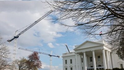 Construction cranes operate at the White House ballroom site in Washington, DC, on March 17. (Reuters)