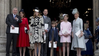 Britain's Prince Andrew (L), Britain's Princess Eugenie of York (2nd L), Britain's Princess Beatrice of York (3rd L), Britain's Prince Edward, Earl of Wessex (4th L), James, Viscount Severn, Louise Windsor (2nd R) and Britain's Sophie, Countess of Wessex (R) leave after attending a national service of thanksgiving for the 90th birthday of Britain's Queen Elizabeth II at St Paul's Cathedral in London on June 10, 2016, which is also the Duke of Edinburgh's 95th birthday. (AFP)