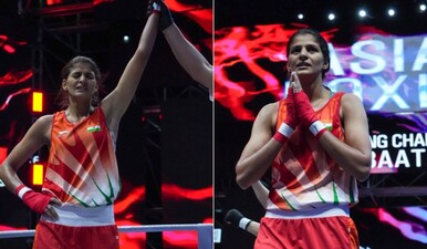 Jaismine edged past Uzbekistan’s Nigina Uktamova in a closely contested 3:2 decision in the women’s 57kg category. Image: Asian Boxing