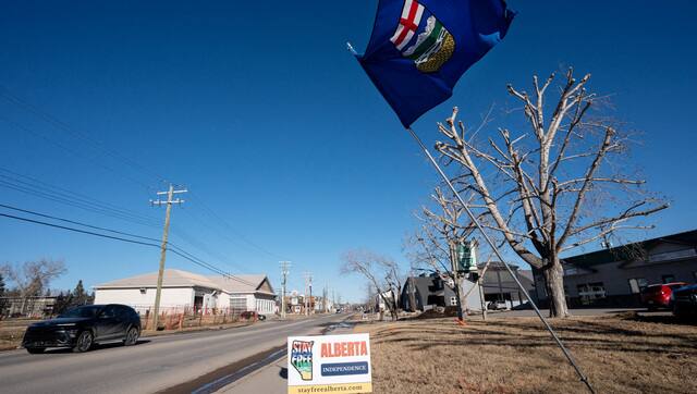 An Alberta flag flies at an Alberta Independence petition signing location in High River, Alberta, Canada February 5, 2026. Reuters