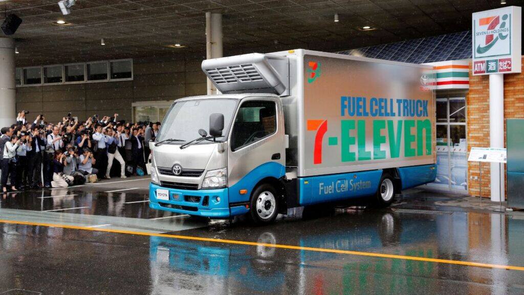 Toyota Motor Corp's hydrogen fuel cell truck for pilot project with Seven-Eleven Japan Co to use the trucks for deliveries to 7-Eleven convenience stores, is seen during its unveiling in Tokyo, Japan, June 6, 2018. File Image/Reuters