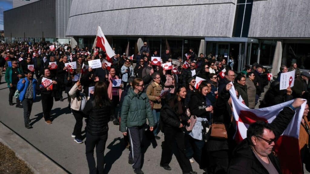 People gather to protest on the day of the opening of a new US consulate in Nuuk, Greenland, May 21, 2026. File Image/Reuters