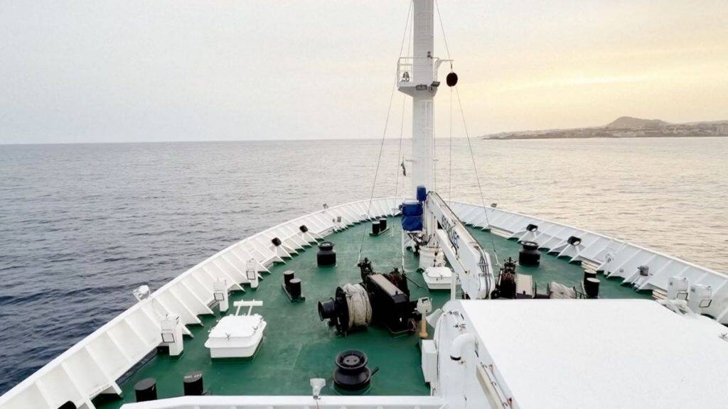 The Dutch-flagged MV Hondius, a cruise ship carrying nearly 150 people as seen off Cape Verde on May 4, 2026 after three passengers died and several others fell seriously ill in a hantavirus outbreak. File Image/AP