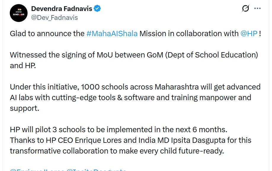 Maha AI Shala initiative was signed on October 30, 2025