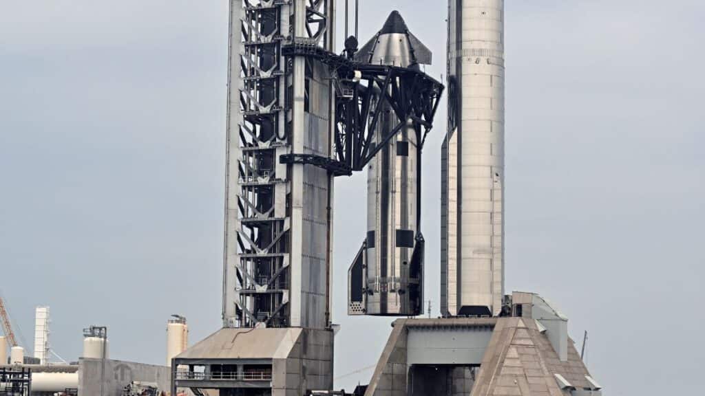 The SpaceX Starship spacecraft is lifted at launch pad 2 for a full stack on top of the Super Heavy Booster as preparations continue for 12th test flight of the Starship spacecraft in Starbase, Texas, US, May 19, 2026. File Image/Reuters