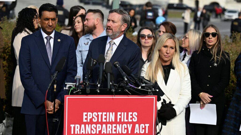 US Representative Thomas Massie (R-Ky), accompanied by US Representatives Marjorie Taylor Greene (R-GA) and Ro Khanna (D-CA), speaks during a press conference on the Epstein Files Transparency Act, on Capitol Hill in Washington, DC, US, November 18, 2025. File Image/Reuters