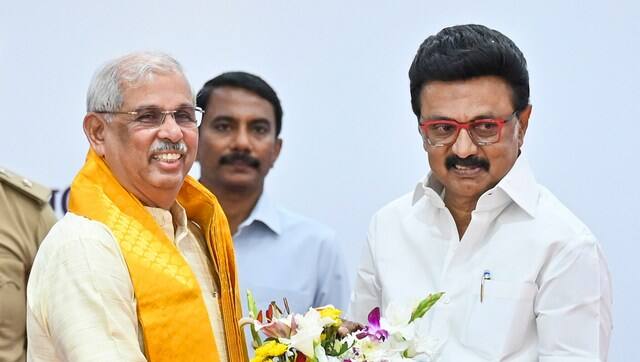 Tamil Nadu governor Rajendra Arlekar with DMK chief MK Stalin. PTI