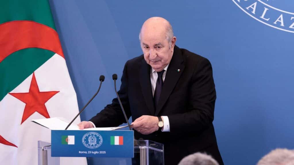 Algerian President Abdelmadjid Tebboune looks on as he leaves following agreement signing, during the Italy-Algeria summit at Villa Doria Pamphilj in Rome, Italy, July 23, 2025. File Image/Reuters
