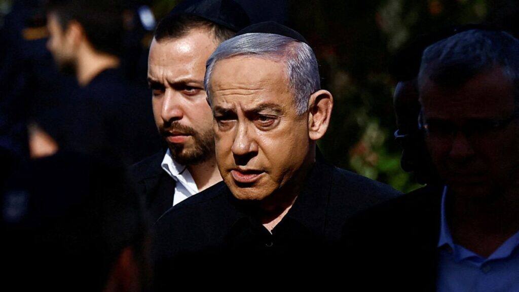 Israeli Prime Minister Benjamin Netanyahu attends the funeral of Gal Meir Eisenkot, 25, an Israeli solider and the son of Israeli cabinet minister and former military chief Gadi Eisenkot, who was killed in northern Gaza during the ongoing ground operation by Israel's military in the Gaza Strip, in Herzliya, Israel, December 8, 2023. File Image/Reuters