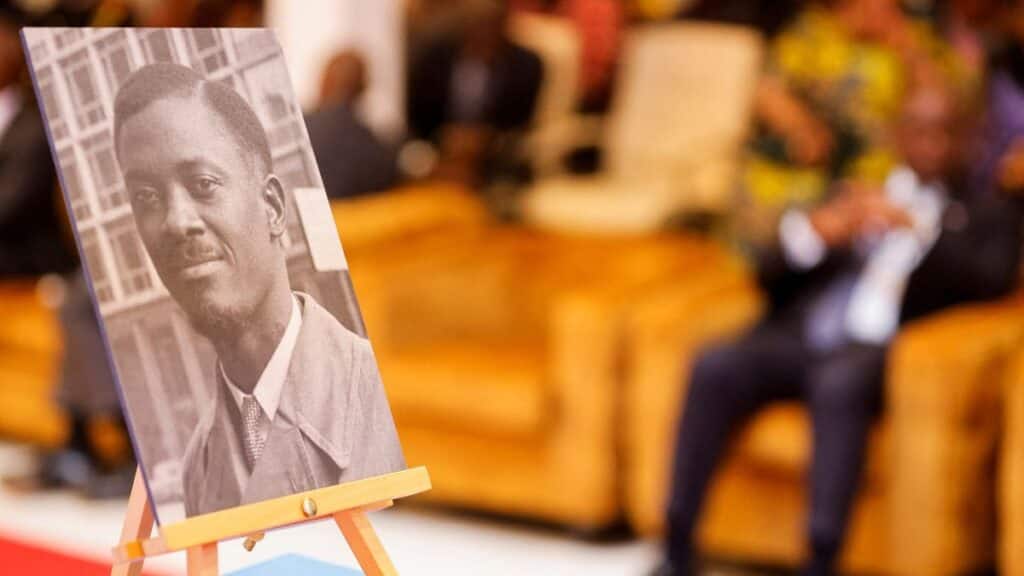 A photo of the Democratic Republic of the Congo's first Prime Minister Patrice Emery Lumumba is pictured at a ceremony after the remains of PM Lumumba were symbolically handed over to the murdered leader's children and to an official delegation, in Brussels, Belgium, June 21, 2022. File Image/Reuters