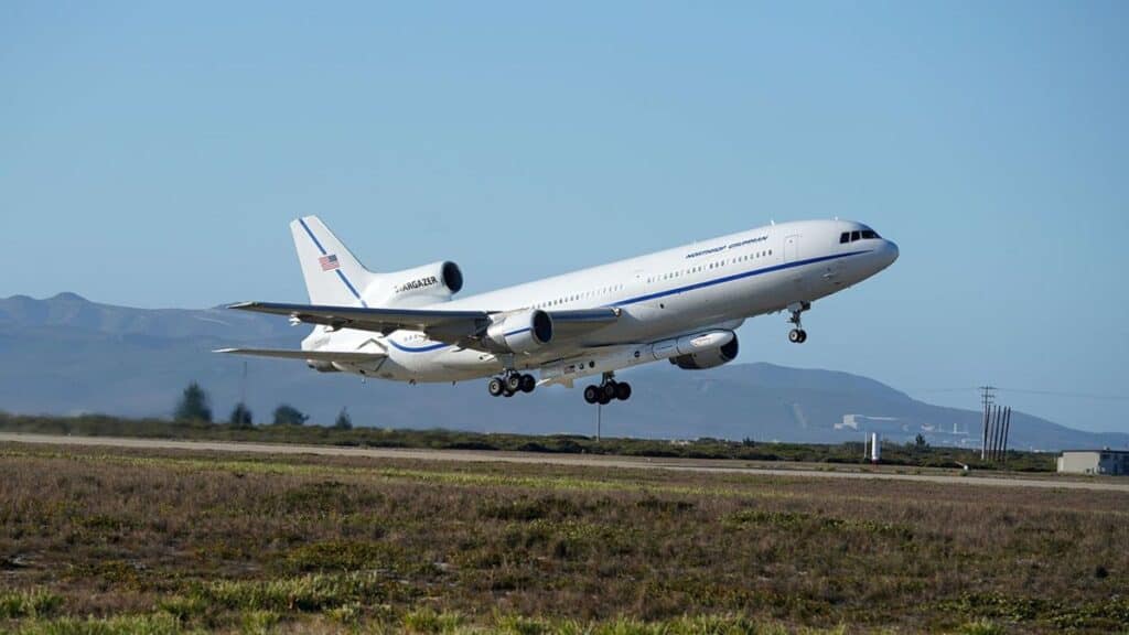 Northrop Grumman’s Stargazer, a modified L-1011 aircraft takes off from Vandenberg Air Force Base in California. The company’s Pegasus XL rocket, carried beneath the aircraft as shown here, will launch Katalyst’s LINK spacecraft. Northrop Grumman