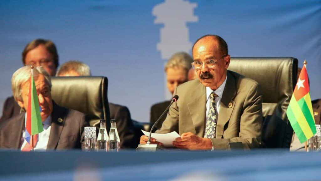 The President of Eritrea Isaias Afwerki, speaks during the 15th Brics Summit, in Johannesburg, South Africa, August 24, 2023. File Image/Pool via Reuters