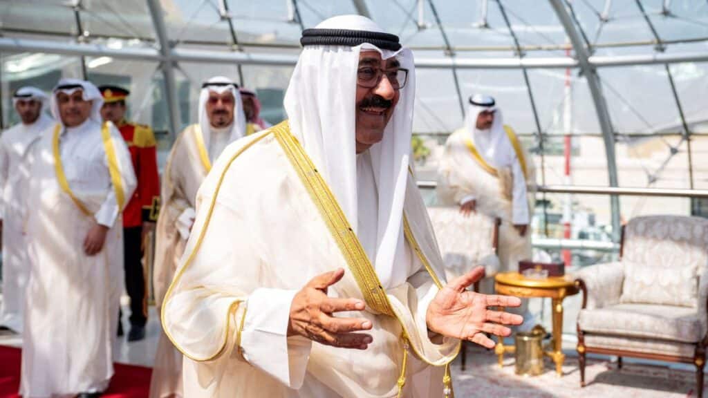 Sheikh Meshal Al Ahmad Al Jaber Al Sabah, Emir of Kuwait, awaits the arrival of Sheikh Mohamed bin Zayed Al Nahyan, President of the United Arab Emirates (not shown), at Kuwait International Airport, in Kuwait, October 8, 2025. File Image/UAE Presidential Court via Reuters