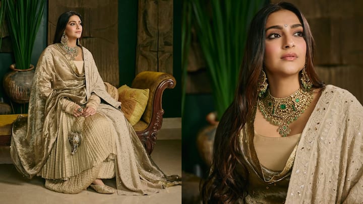 Sonam Kapoor channels old-world royalty in a champagne-and-gold suit at Anshula Kapoor's wedding festivities, see pics Sonam Kapoor channels old-world royalty in a champagne-and-gold suit at Anshula Kapoor's wedding festivities, see pics