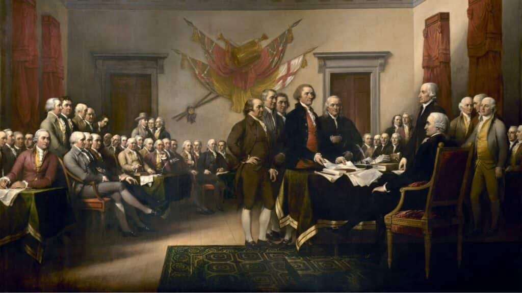 John Trumbull's painting, Declaration of Independence, depicting the five-man drafting committee of the Declaration of Independence presenting their work to the Congress. The painting can be found on the back of the US $2 bill. The original hangs in the US Capitol rotunda. It does not represent a real ceremony; the characters portrayed were never in the same room at the same time. Image/US Capitol