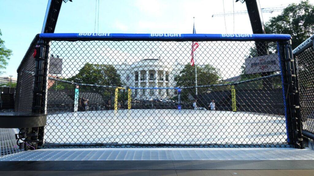 The arena for the UFC Freedom 250 fights on the South Lawn of the White House is photographed Thursday, June 11, 2026, in Washington. (AP Photo/Alex Brandon)