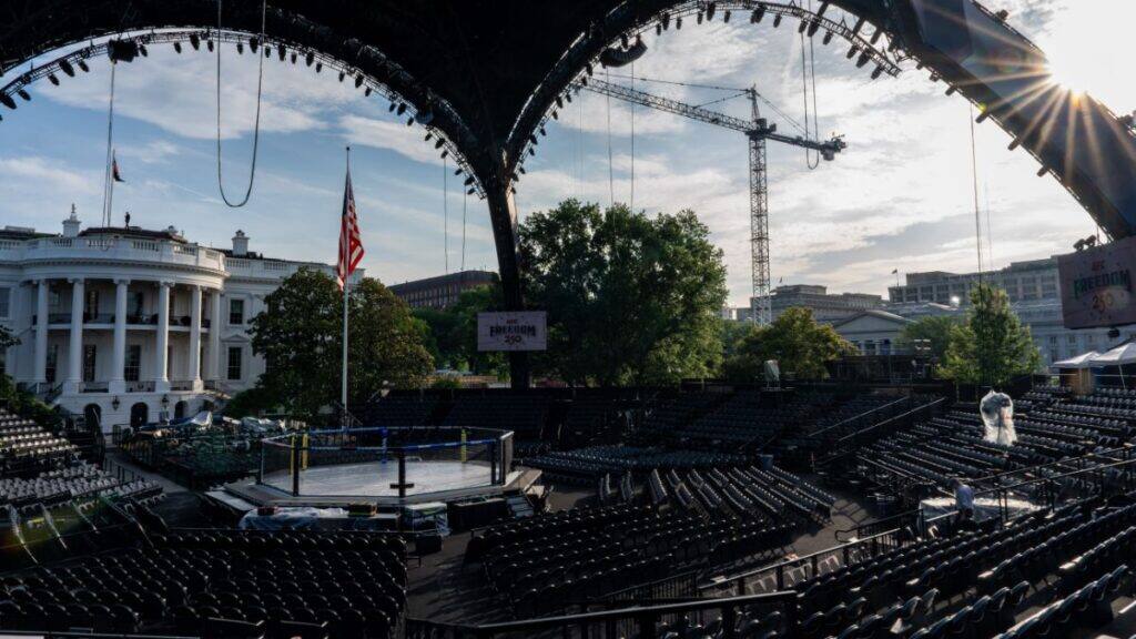 Members of the media view the arena for the UFC Freedom 250 fights on the South Lawn of the White House, Thursday, June 11, 2026, in Washington. (AP Photo/Alex Brandon)