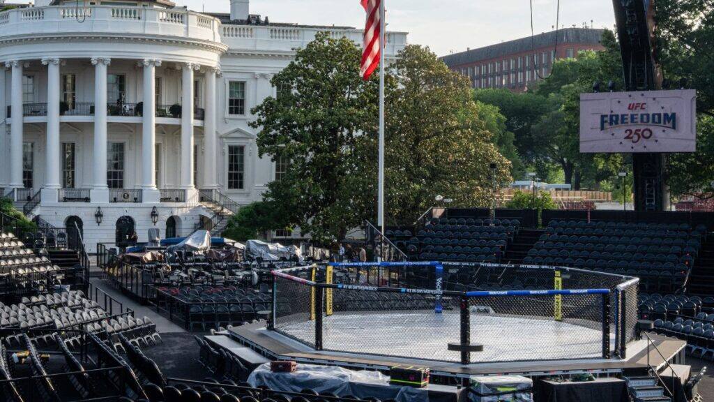 Members of the media view the arena for the UFC Freedom 250 fights on the South Lawn of the White House, Thursday, June 11, 2026, in Washington. (AP Photo/Alex Brandon)