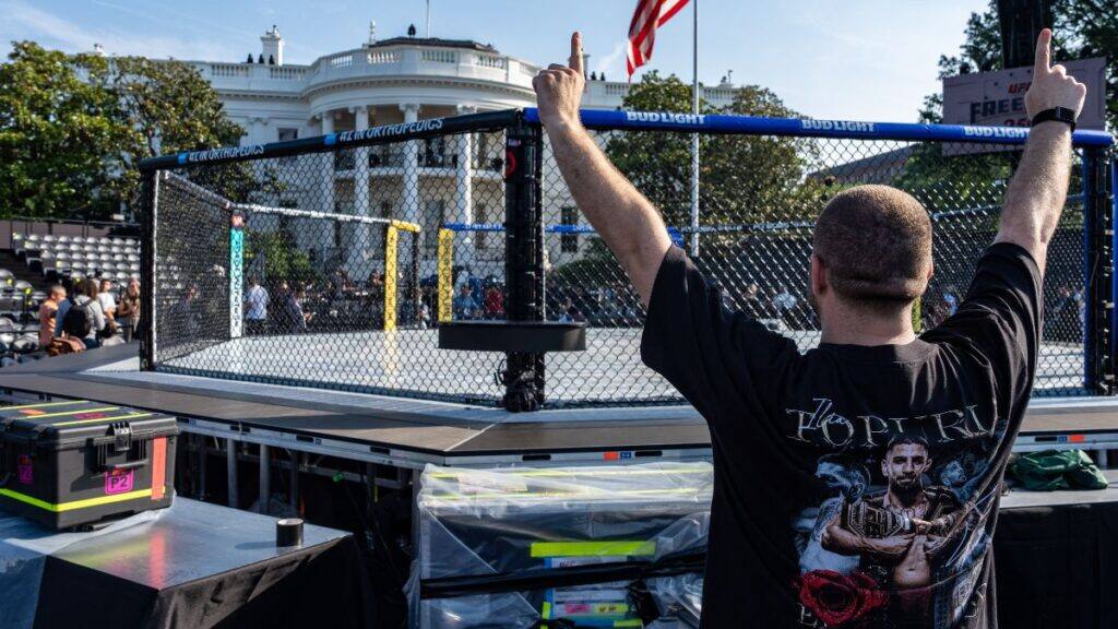 Members of the media view the arena for the UFC Freedom 250 fights on the South Lawn of the White House, Thursday, June 11, 2026, in Washington. (AP Photo/Alex Brandon)