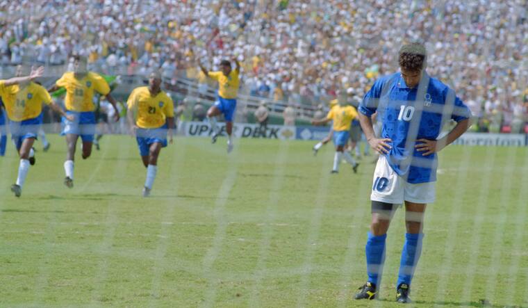  Roberto Baggio anchored Italy in the 1994 World Cup Final against Brazil. The game ended in a scoreless tie, leading to the first penalty shootout in the World Cup. Baggio had to score to keep his team's chances alive, but his shot went wide over the crossbar, making Brazil the world champions. Image: AFP