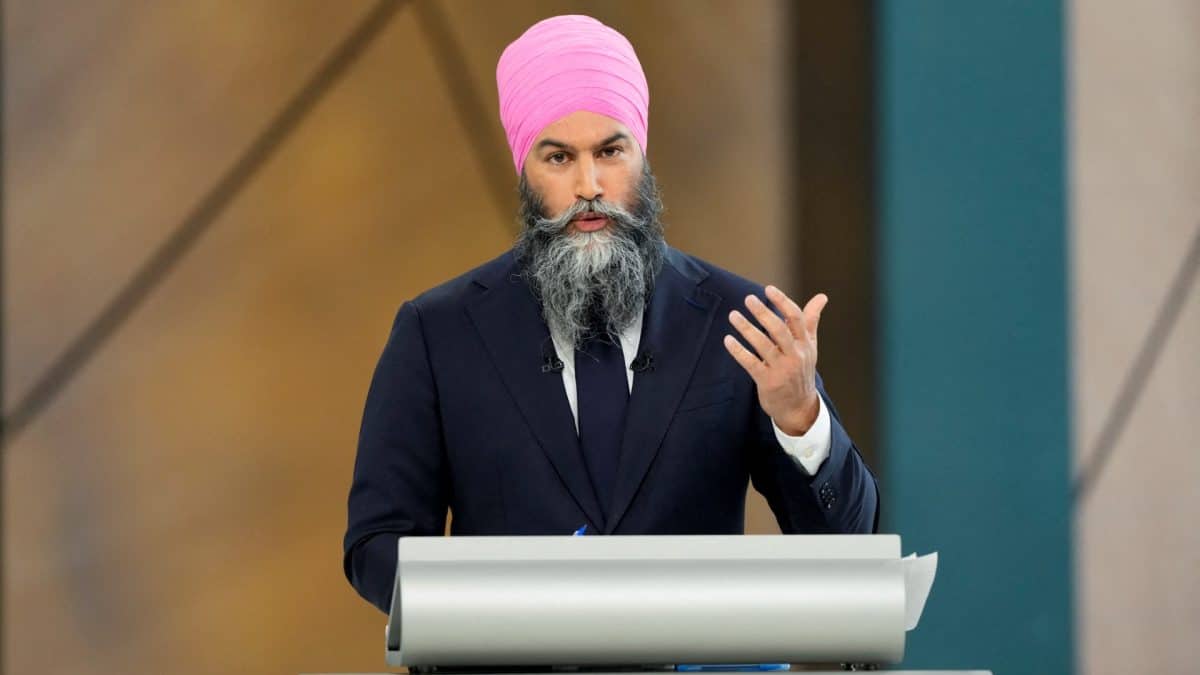 Jagmeet Singh speaks during the English Federal Leaders Debate broadcast at CBC-Radio-Canada, in Montreal, Canada, on April