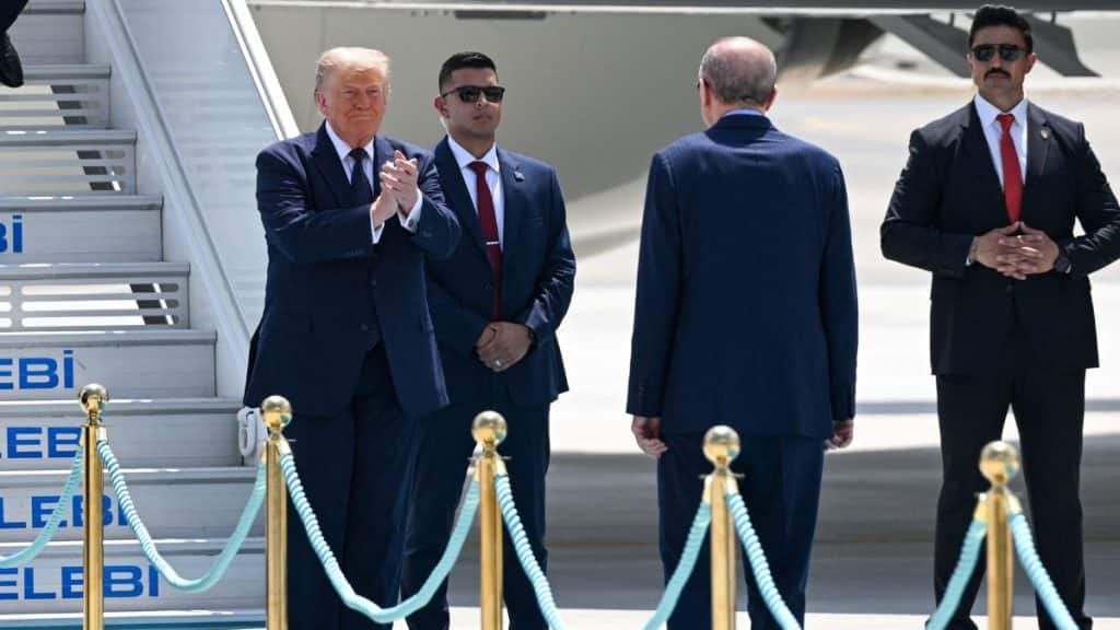 Turkish President Recep Tayyip Erdogan welcomes US President Donald Trump, who is paying an official visit to Turkey for the 36th Nato Heads of State and Government Summit, at Ankara Airport in Ankara, Turkey, on July 7, 2026. File Image/Pool via Reuters