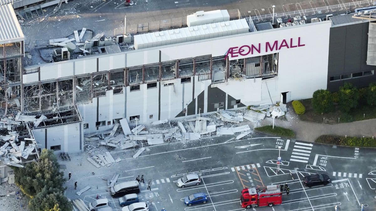 An aerial view shows the damaged Aeon Mall shopping centre, where, according to local media, an explosion occurred after an