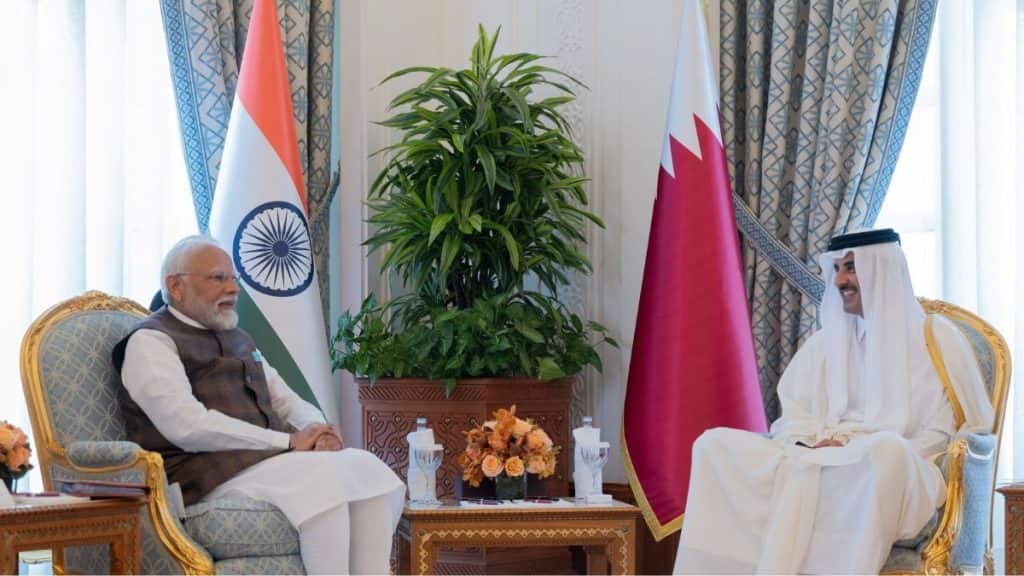 India's Prime Minister Narendra Modi meets Qatar's Emir Sheikh Tamim bin Hamad Al Thani in Doha, Qatar, February 15, 2024. File Image/Qatar News Agency via Reuters