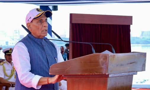 Defence Minister Rajnath Singh addresses the gathering during the commissioning ceremony at Visakhapatnam, Andhra Pradesh on July 11, 2026. Image/Firstpsost via PIB
