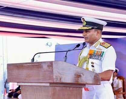 Chief of the Naval Staff Admiral Krishna Swaminathan addressed the gathering during the commissioning ceremony at Visakhapatnam, Andhra Pradesh on July 11, 2026. Image/Firstpsost via PIB