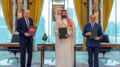 The Mecca Pact joint statement highlighted that an armed attack against any one of the three states shall be regarded as an attack against them all. (Saudi Press Agency via AP)