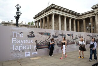 The Bayeux Tapestry — currently on display at the British Museum – is a 230-foot embroidery that depicts the 1066 CE Battle of Hastings, fought between William the Conqueror from Normandy and English King Harold. (REUTERS/Suzanne Plunkett)