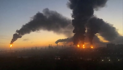 Smoke columns rise after strikes in an oil refinery in Moscow, Russia. Social Media/via REUTERS