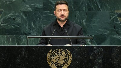 Ukraine's President Volodymyr Zelenskyy addresses the 81st United Nations General Assembly (UNGA) at UN headquarters in New York City, US, on Wednesday. Reuters

